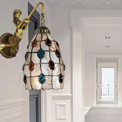 Elongated Wall Mount Light Fixture Tiffany Shell 1 Head Beige Sconce Light with Mermaid Backplate Beige Clearhalo 'Industrial' 'Middle century wall lights' 'Tiffany wall lights' 'Tiffany' 'Wall Lamps & Sconces' 'Wall Lights' Lighting' 178331