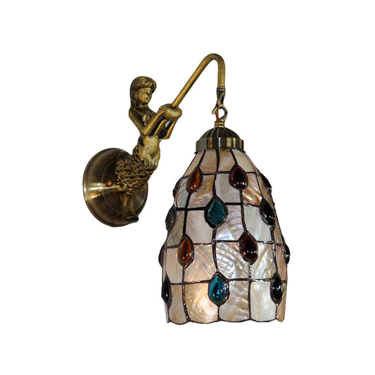 Elongated Wall Mount Light Fixture Tiffany Shell 1 Head Beige Sconce Light with Mermaid Backplate Clearhalo 'Industrial' 'Middle century wall lights' 'Tiffany wall lights' 'Tiffany' 'Wall Lamps & Sconces' 'Wall Lights' Lighting' 178333