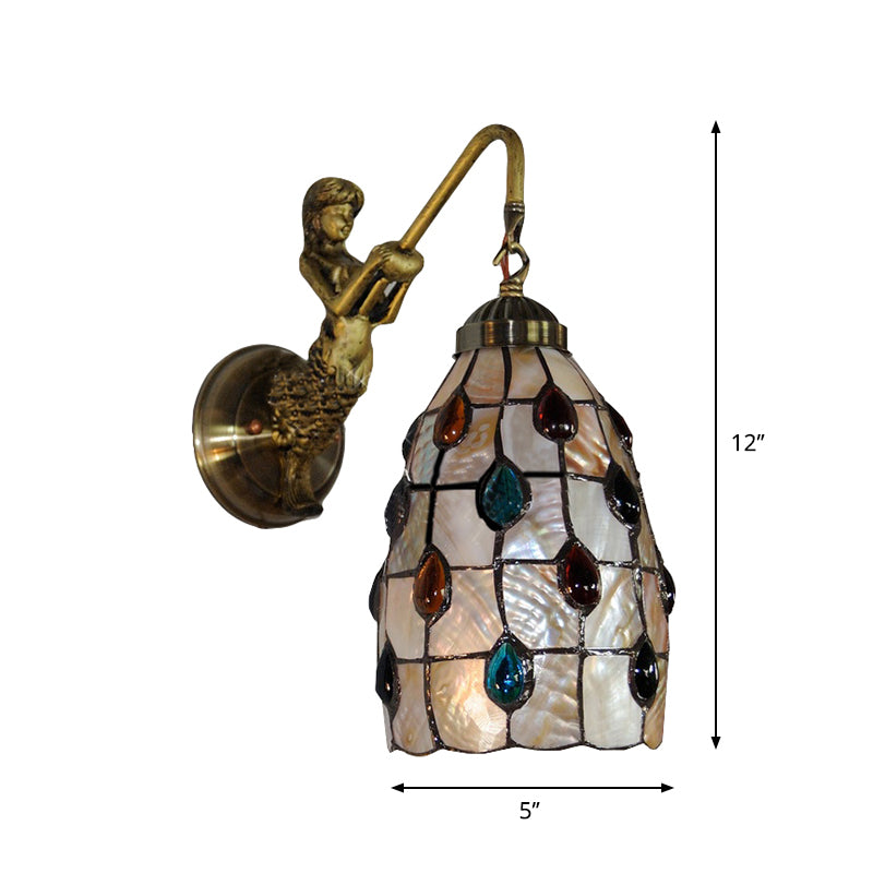 Elongated Wall Mount Light Fixture Tiffany Shell 1 Head Beige Sconce Light with Mermaid Backplate Clearhalo 'Industrial' 'Middle century wall lights' 'Tiffany wall lights' 'Tiffany' 'Wall Lamps & Sconces' 'Wall Lights' Lighting' 178334