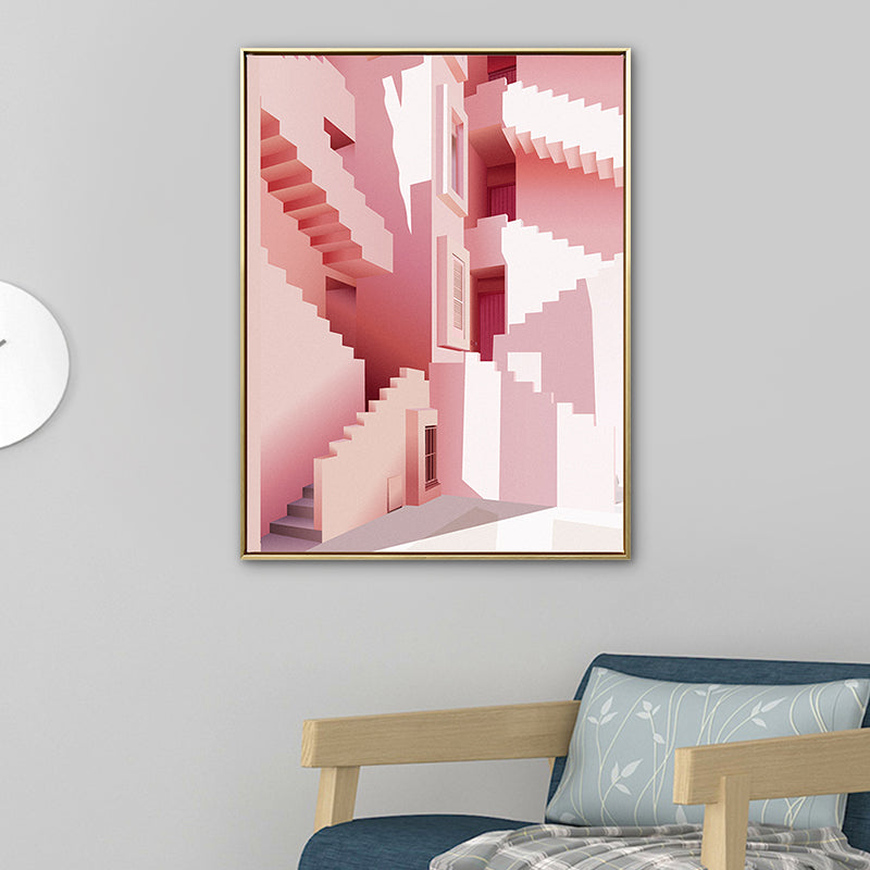 Pastel Color Nordic Canvas Art Illustration Architecture Wall Decor for Sitting Room Pink Clearhalo 'Arts' 'Canvas Art' 1783419