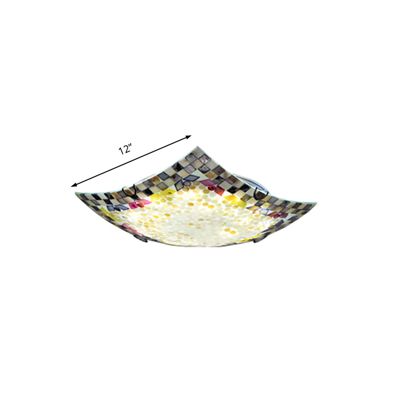 Beige/White/Light Gray Shell Curved Square Ceiling Mount Light Tiffany Mosaic 12"/16" W LED Ceiling Lamp for Corridor Clearhalo 'Ceiling Lights' 'Chandeliers' 'Close To Ceiling Lights' 'Close to ceiling' 'Glass shade' 'Glass' 'Semi-flushmount' 'Tiffany close to ceiling' 'Tiffany' Lighting' 178342