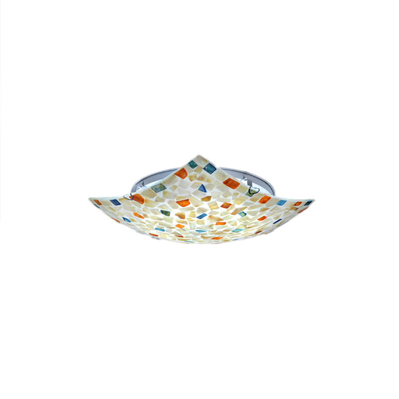 Beige/White/Light Gray Shell Curved Square Ceiling Mount Light Tiffany Mosaic 12"/16" W LED Ceiling Lamp for Corridor Clearhalo 'Ceiling Lights' 'Chandeliers' 'Close To Ceiling Lights' 'Close to ceiling' 'Glass shade' 'Glass' 'Semi-flushmount' 'Tiffany close to ceiling' 'Tiffany' Lighting' 178345