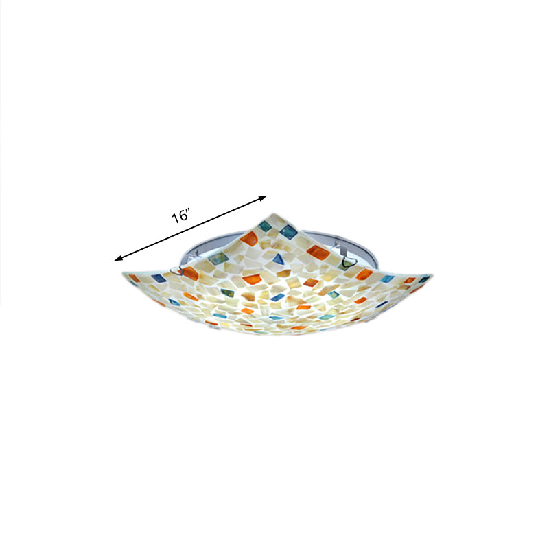 Beige/White/Light Gray Shell Curved Square Ceiling Mount Light Tiffany Mosaic 12"/16" W LED Ceiling Lamp for Corridor Clearhalo 'Ceiling Lights' 'Chandeliers' 'Close To Ceiling Lights' 'Close to ceiling' 'Glass shade' 'Glass' 'Semi-flushmount' 'Tiffany close to ceiling' 'Tiffany' Lighting' 178346