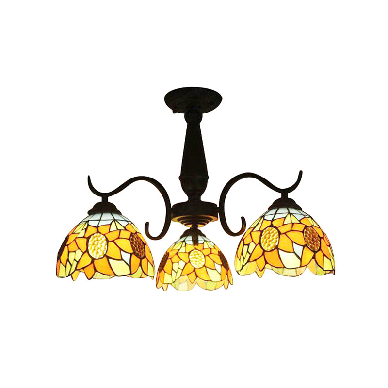 3/6 Lights Bowl Living Room Chandelier Stained Glass Tiffany Rustic Pendant Light with Orange Sunflower Clearhalo 'Ceiling Lights' 'Close To Ceiling Lights' 'Close to ceiling' 'Glass shade' 'Glass' 'Semi-flushmount' 'Tiffany close to ceiling' 'Tiffany' Lighting' 178355