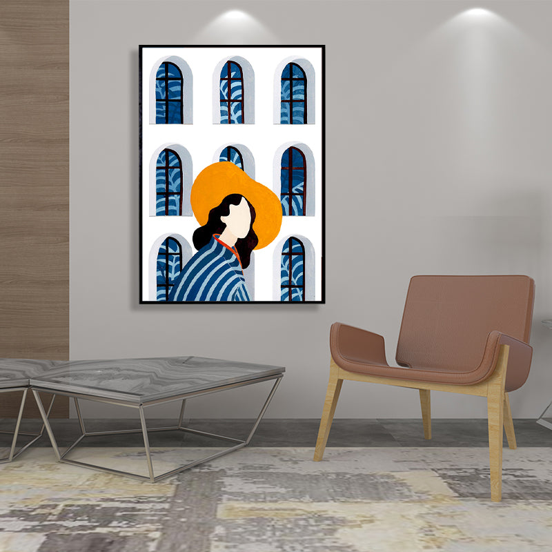 Sightseeing Canvas Print Nordic Fashion Girl Drawing Wall Art Decor in Light Color Blue Clearhalo 'Arts' 'Canvas Art' 1783554