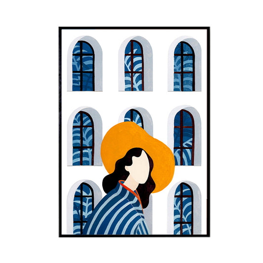 Sightseeing Canvas Print Nordic Fashion Girl Drawing Wall Art Decor in Light Color Clearhalo 'Arts' 'Canvas Art' 1783557