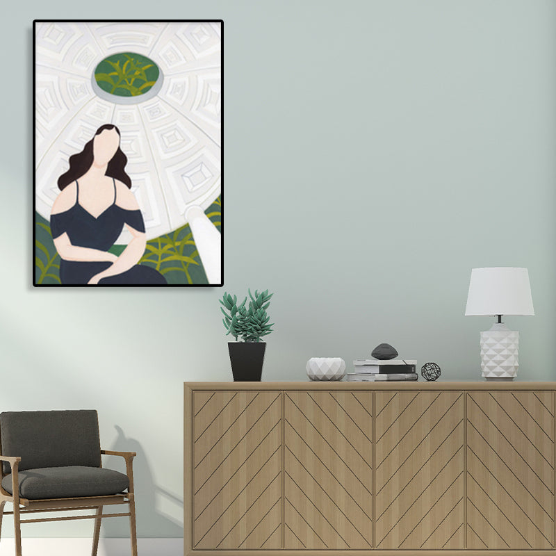 Sightseeing Canvas Print Nordic Fashion Girl Drawing Wall Art Decor in Light Color White Clearhalo 'Arts' 'Canvas Art' 1783561
