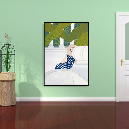 Sightseeing Canvas Print Nordic Fashion Girl Drawing Wall Art Decor in Light Color Green Clearhalo 'Arts' 'Canvas Art' 1783565