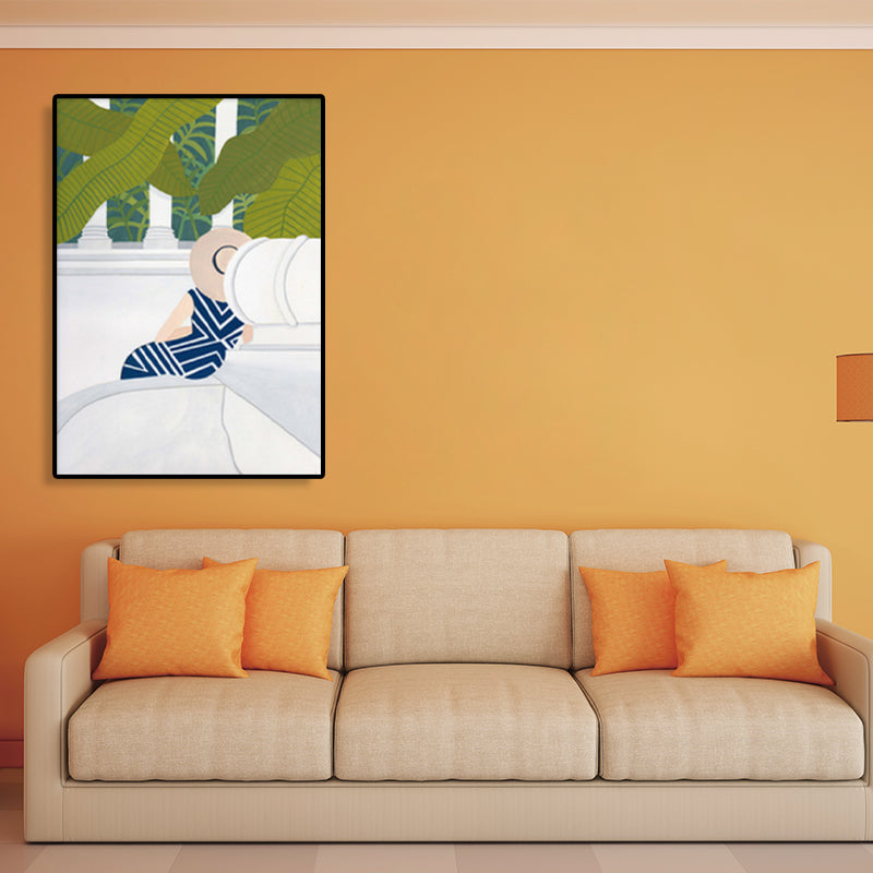 Sightseeing Canvas Print Nordic Fashion Girl Drawing Wall Art Decor in Light Color Clearhalo 'Arts' 'Canvas Art' 1783567