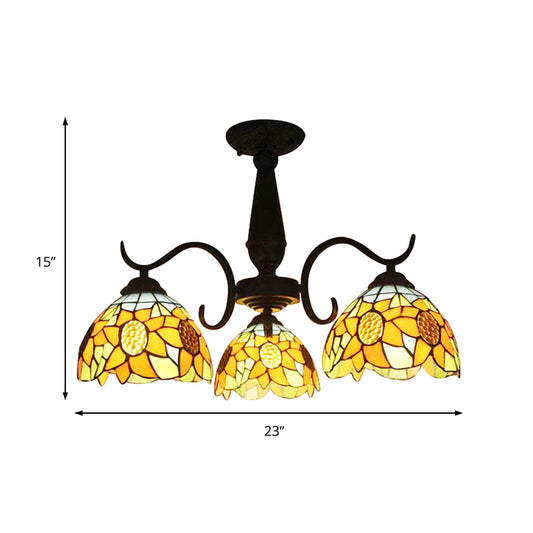 3/6 Lights Bowl Living Room Chandelier Stained Glass Tiffany Rustic Pendant Light with Orange Sunflower Clearhalo 'Ceiling Lights' 'Close To Ceiling Lights' 'Close to ceiling' 'Glass shade' 'Glass' 'Semi-flushmount' 'Tiffany close to ceiling' 'Tiffany' Lighting' 178356