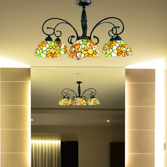 3/6 Lights Bowl Living Room Chandelier Stained Glass Tiffany Rustic Pendant Light with Orange Sunflower Clearhalo 'Ceiling Lights' 'Close To Ceiling Lights' 'Close to ceiling' 'Glass shade' 'Glass' 'Semi-flushmount' 'Tiffany close to ceiling' 'Tiffany' Lighting' 178357