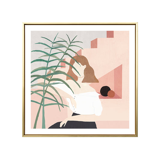 Girl and Plant Drawing Canvas Nordic Stylish Fashion Wall Art Print in Pastel Color Pink