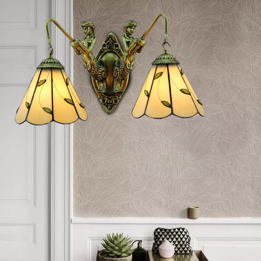 Lily Beige Glass Sconce Light Fixture Tiffany 2 Heads Brass Wall Mounted Light with Mermaid Backplate Beige Clearhalo 'Industrial' 'Middle century wall lights' 'Tiffany wall lights' 'Tiffany' 'Wall Lamps & Sconces' 'Wall Lights' Lighting' 178360