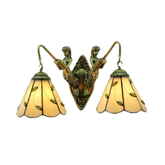 Lily Beige Glass Sconce Light Fixture Tiffany 2 Heads Brass Wall Mounted Light with Mermaid Backplate Clearhalo 'Industrial' 'Middle century wall lights' 'Tiffany wall lights' 'Tiffany' 'Wall Lamps & Sconces' 'Wall Lights' Lighting' 178362