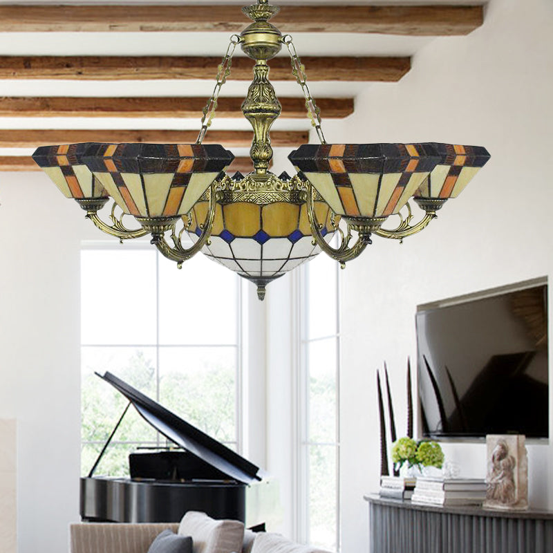 Villa Shuttlecock Chandelier with Central Dome Art Glass Tiffany Vintage Trapezoid/Flared shaped Hanging Light in Yellow Yellow Trapezoid Clearhalo 'Ceiling Lights' 'Chandeliers' 'Industrial' 'Middle Century Chandeliers' 'Tiffany Chandeliers' 'Tiffany close to ceiling' 'Tiffany' Lighting' 178364
