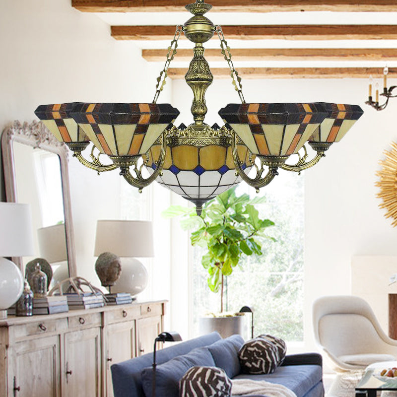 Villa Shuttlecock Chandelier with Central Dome Art Glass Tiffany Vintage Trapezoid/Flared shaped Hanging Light in Yellow Clearhalo 'Ceiling Lights' 'Chandeliers' 'Industrial' 'Middle Century Chandeliers' 'Tiffany Chandeliers' 'Tiffany close to ceiling' 'Tiffany' Lighting' 178365