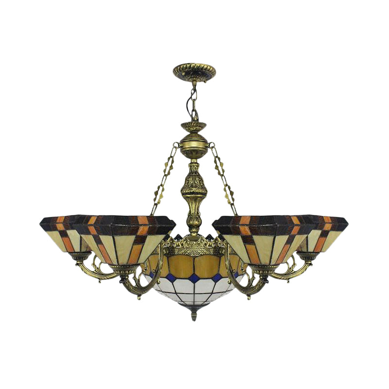 Villa Shuttlecock Chandelier with Central Dome Art Glass Tiffany Vintage Trapezoid/Flared shaped Hanging Light in Yellow Clearhalo 'Ceiling Lights' 'Chandeliers' 'Industrial' 'Middle Century Chandeliers' 'Tiffany Chandeliers' 'Tiffany close to ceiling' 'Tiffany' Lighting' 178366