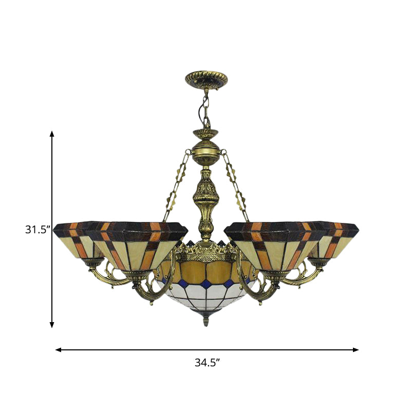 Villa Shuttlecock Chandelier with Central Dome Art Glass Tiffany Vintage Trapezoid/Flared shaped Hanging Light in Yellow Clearhalo 'Ceiling Lights' 'Chandeliers' 'Industrial' 'Middle Century Chandeliers' 'Tiffany Chandeliers' 'Tiffany close to ceiling' 'Tiffany' Lighting' 178367