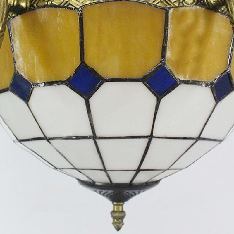 Villa Shuttlecock Chandelier with Central Dome Art Glass Tiffany Vintage Trapezoid/Flared shaped Hanging Light in Yellow Clearhalo 'Ceiling Lights' 'Chandeliers' 'Industrial' 'Middle Century Chandeliers' 'Tiffany Chandeliers' 'Tiffany close to ceiling' 'Tiffany' Lighting' 178368