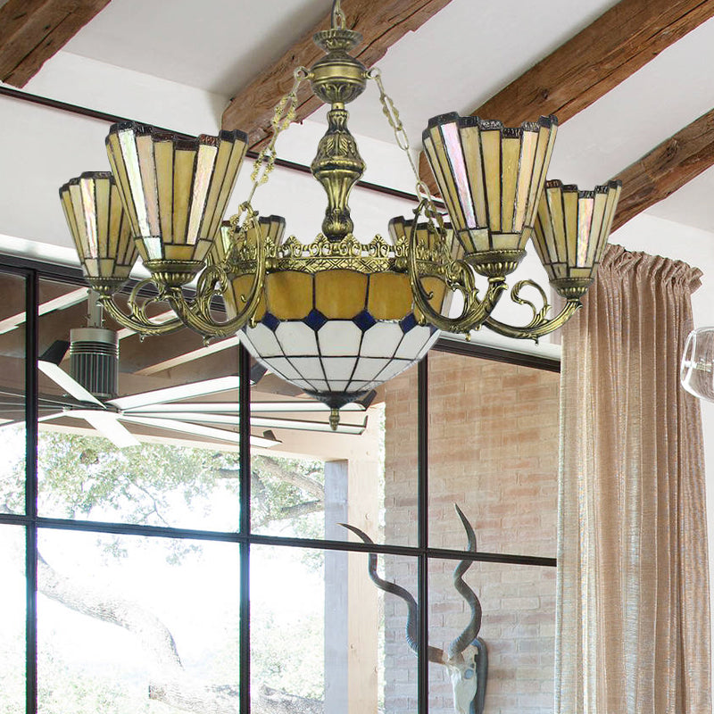 Villa Shuttlecock Chandelier with Central Dome Art Glass Tiffany Vintage Trapezoid/Flared shaped Hanging Light in Yellow Clearhalo 'Ceiling Lights' 'Chandeliers' 'Industrial' 'Middle Century Chandeliers' 'Tiffany Chandeliers' 'Tiffany close to ceiling' 'Tiffany' Lighting' 178370