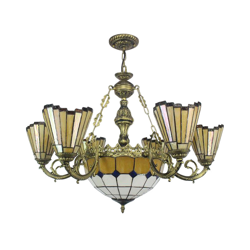Villa Shuttlecock Chandelier with Central Dome Art Glass Tiffany Vintage Trapezoid/Flared shaped Hanging Light in Yellow Clearhalo 'Ceiling Lights' 'Chandeliers' 'Industrial' 'Middle Century Chandeliers' 'Tiffany Chandeliers' 'Tiffany close to ceiling' 'Tiffany' Lighting' 178371