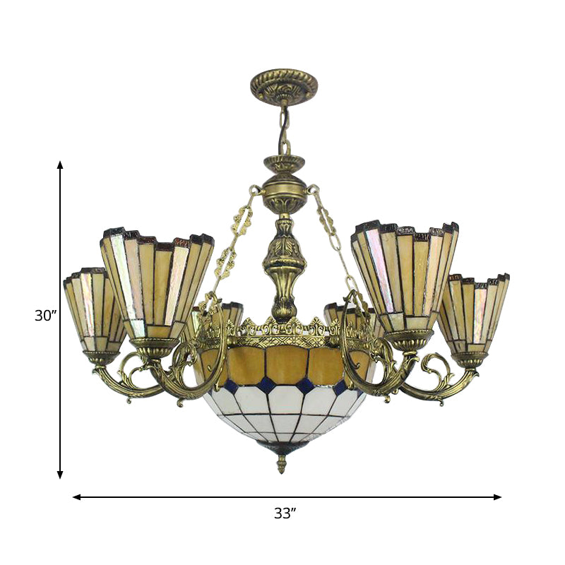 Villa Shuttlecock Chandelier with Central Dome Art Glass Tiffany Vintage Trapezoid/Flared shaped Hanging Light in Yellow Clearhalo 'Ceiling Lights' 'Chandeliers' 'Industrial' 'Middle Century Chandeliers' 'Tiffany Chandeliers' 'Tiffany close to ceiling' 'Tiffany' Lighting' 178372