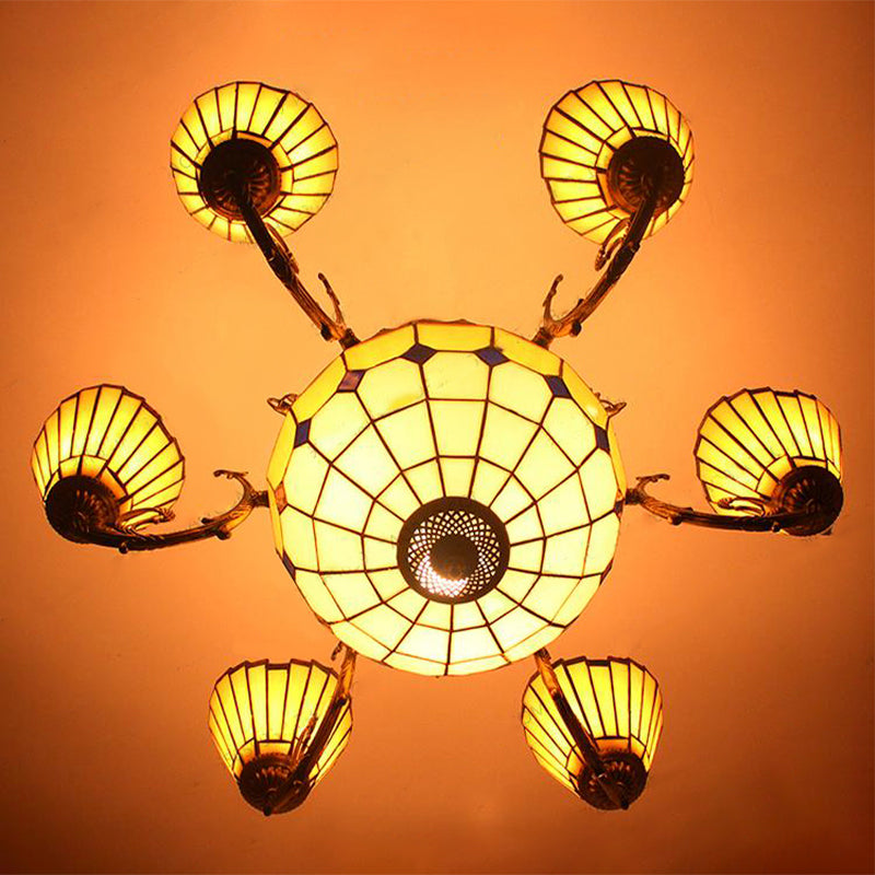 Villa Shuttlecock Chandelier with Central Dome Art Glass Tiffany Vintage Trapezoid/Flared shaped Hanging Light in Yellow Clearhalo 'Ceiling Lights' 'Chandeliers' 'Industrial' 'Middle Century Chandeliers' 'Tiffany Chandeliers' 'Tiffany close to ceiling' 'Tiffany' Lighting' 178373