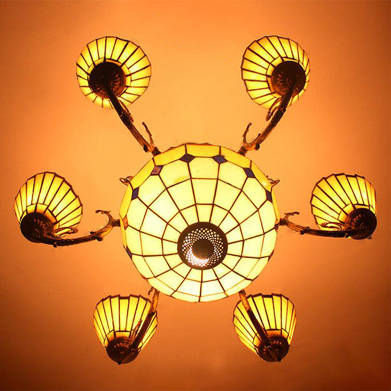 Villa Shuttlecock Chandelier with Central Dome Art Glass Tiffany Vintage Trapezoid/Flared shaped Hanging Light in Yellow Clearhalo 'Ceiling Lights' 'Chandeliers' 'Industrial' 'Middle Century Chandeliers' 'Tiffany Chandeliers' 'Tiffany close to ceiling' 'Tiffany' Lighting' 178373