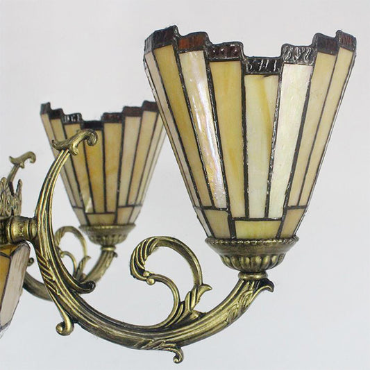 Villa Shuttlecock Chandelier with Central Dome Art Glass Tiffany Vintage Trapezoid/Flared shaped Hanging Light in Yellow Clearhalo 'Ceiling Lights' 'Chandeliers' 'Industrial' 'Middle Century Chandeliers' 'Tiffany Chandeliers' 'Tiffany close to ceiling' 'Tiffany' Lighting' 178374