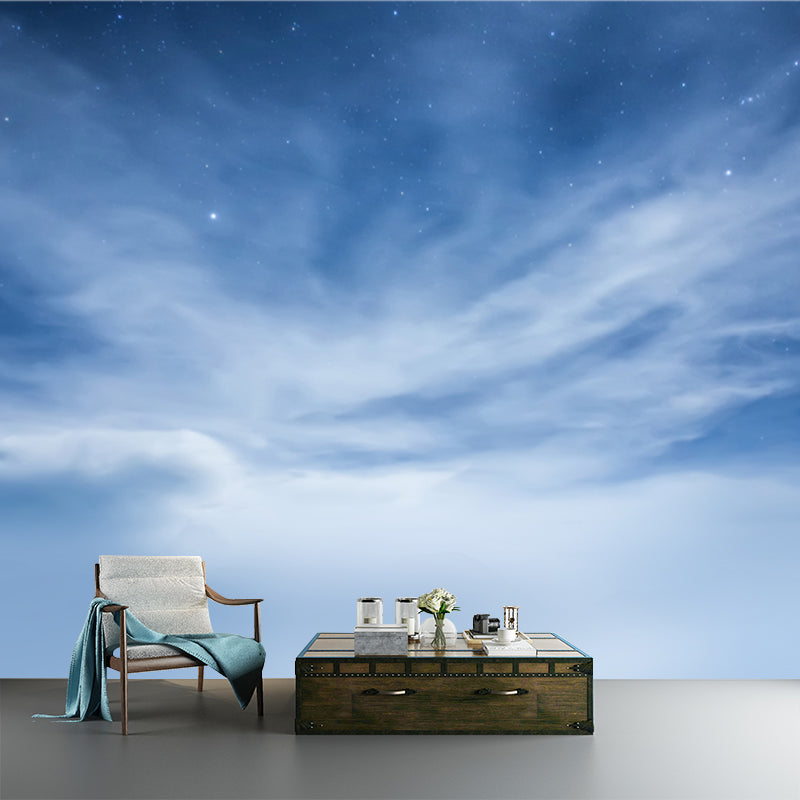 Blue-White Sky Scenery Mural Dazzling Stars Behind Cloud Modern Waterproof Wall Art Blue-White Clearhalo 'Wall Decor' 'Wall Mural' 1783773
