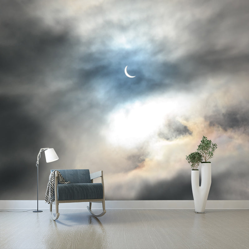 Modernist Crescent Moon Mural Grey and White Cloudy Sky Wall Decor for Living Room Clearhalo 'Wall Decor' 'Wall Mural' 1783779