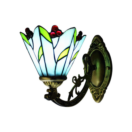 Stained Glass Flower and Leaf Wall Light 1 Head Antique Tiffany Wall Sconce in Blue for Kitchen Clearhalo 'Industrial' 'Middle century wall lights' 'Tiffany wall lights' 'Tiffany' 'Wall Lamps & Sconces' 'Wall Lights' Lighting' 178377