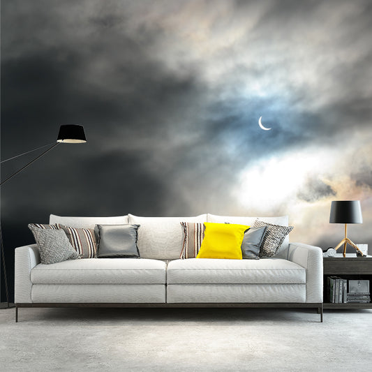 Modernist Crescent Moon Mural Grey and White Cloudy Sky Wall Decor for Living Room Clearhalo 'Wall Decor' 'Wall Mural' 1783780