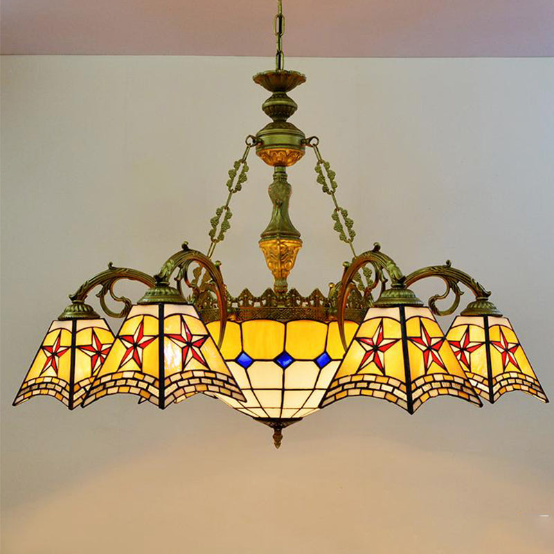 Tiffany Antique Craftsman Chandelier Stained Glass Yellow Pendant Light with Centre Bowl for Hotel Clearhalo 'Ceiling Lights' 'Chandeliers' 'Close To Ceiling Lights' 'Industrial' 'Middle Century Chandeliers' 'Tiffany Chandeliers' 'Tiffany close to ceiling' 'Tiffany' Lighting' 178380