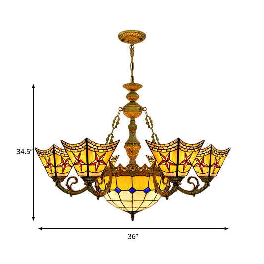 Tiffany Antique Craftsman Chandelier Stained Glass Yellow Pendant Light with Centre Bowl for Hotel Clearhalo 'Ceiling Lights' 'Chandeliers' 'Close To Ceiling Lights' 'Industrial' 'Middle Century Chandeliers' 'Tiffany Chandeliers' 'Tiffany close to ceiling' 'Tiffany' Lighting' 178382