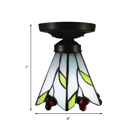 Cafe Leaf and Flower Ceiling Mount Light Stained Glass 1 Bulb Tiffany Rustic White Ceiling Fixture Clearhalo 'Ceiling Lights' 'Close To Ceiling Lights' 'Close to ceiling' 'Glass shade' 'Glass' 'Pendant Lights' 'Semi-flushmount' 'Tiffany close to ceiling' 'Tiffany' Lighting' 178387
