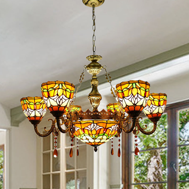 Tiffany Rustic Orange Chandelier Flower Stained Glass Pendant Lamp with Agate for Living Room Orange Clearhalo 'Ceiling Lights' 'Chandeliers' 'Close To Ceiling Lights' 'Industrial' 'Middle Century Chandeliers' 'Tiffany Chandeliers' 'Tiffany close to ceiling' 'Tiffany' Lighting' 178388