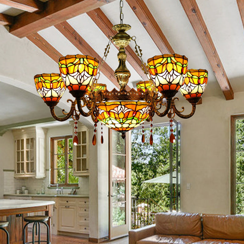 Tiffany Rustic Orange Chandelier Flower Stained Glass Pendant Lamp with Agate for Living Room Clearhalo 'Ceiling Lights' 'Chandeliers' 'Close To Ceiling Lights' 'Industrial' 'Middle Century Chandeliers' 'Tiffany Chandeliers' 'Tiffany close to ceiling' 'Tiffany' Lighting' 178389