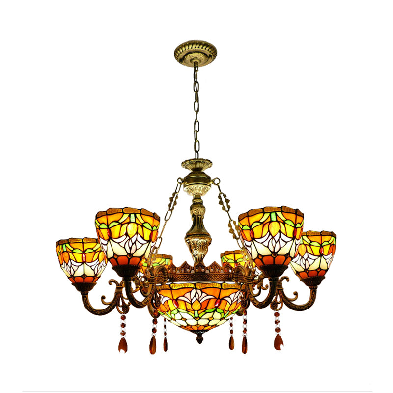 Tiffany Rustic Orange Chandelier Flower Stained Glass Pendant Lamp with Agate for Living Room Clearhalo 'Ceiling Lights' 'Chandeliers' 'Close To Ceiling Lights' 'Industrial' 'Middle Century Chandeliers' 'Tiffany Chandeliers' 'Tiffany close to ceiling' 'Tiffany' Lighting' 178390