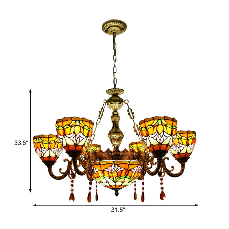 Tiffany Rustic Orange Chandelier Flower Stained Glass Pendant Lamp with Agate for Living Room Clearhalo 'Ceiling Lights' 'Chandeliers' 'Close To Ceiling Lights' 'Industrial' 'Middle Century Chandeliers' 'Tiffany Chandeliers' 'Tiffany close to ceiling' 'Tiffany' Lighting' 178391