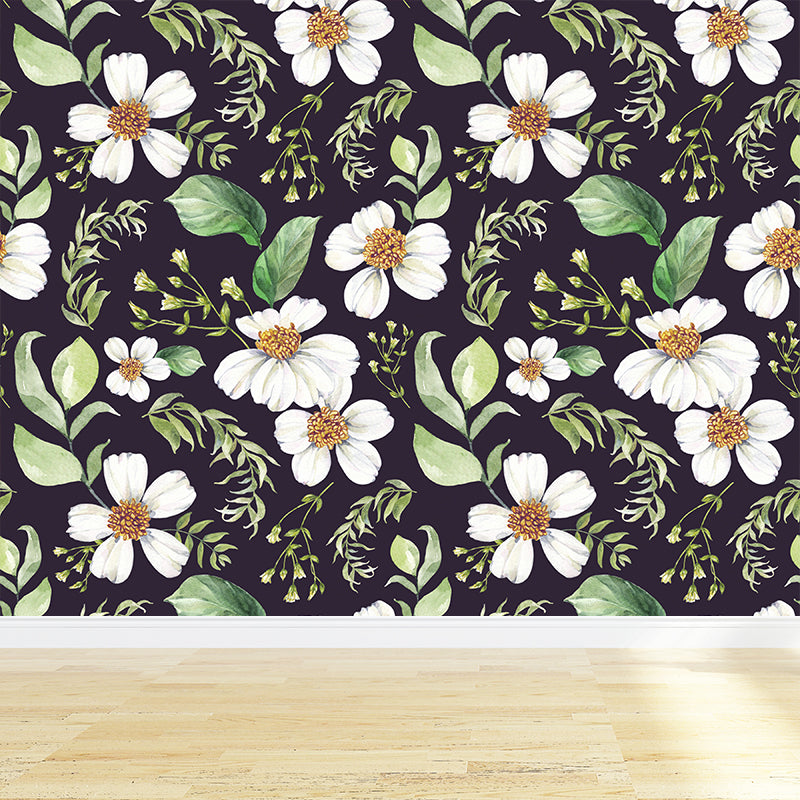 Modern Blossom Flower Print Mural Wallpaper Pastel Color Florentine Wall Covering Black Clearhalo 'Wall Decor' 'Wall Mural' 1783929