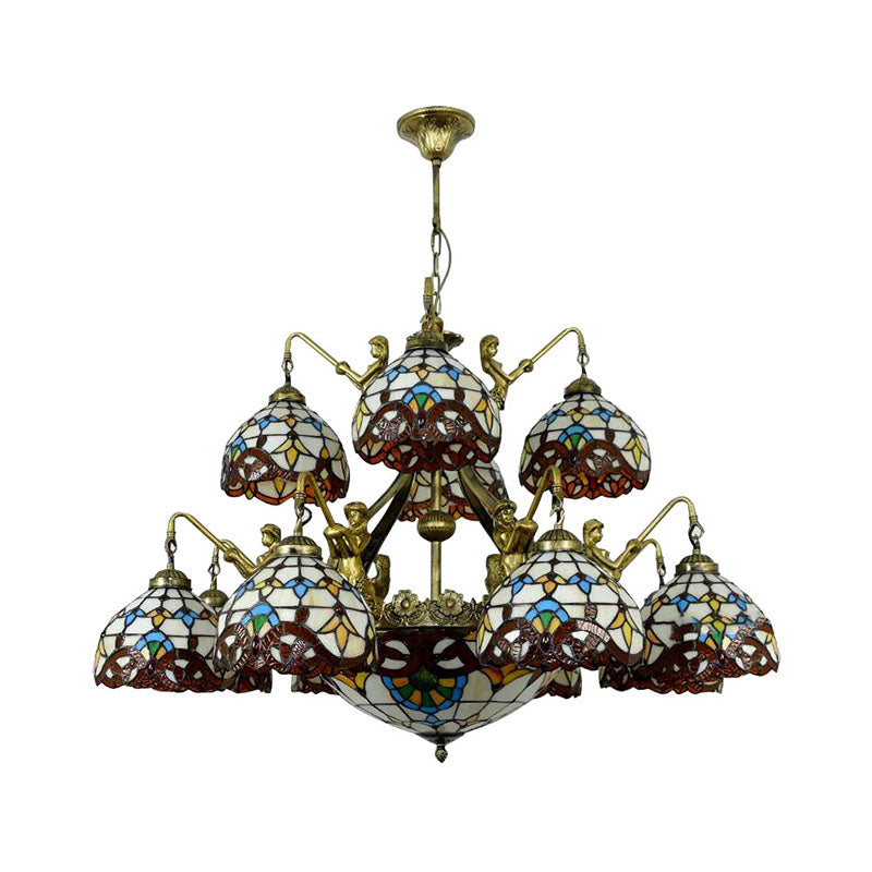Brown 15 Lights Chandelier Lighting Tiffany Cut Glass Dome Pendant Lamp for Living Room with Mermaid Design Clearhalo 'Ceiling Lights' 'Chandeliers' 'Close To Ceiling Lights' 'Industrial' 'Middle Century Chandeliers' 'Tiffany Chandeliers' 'Tiffany close to ceiling' 'Tiffany' Lighting' 178399