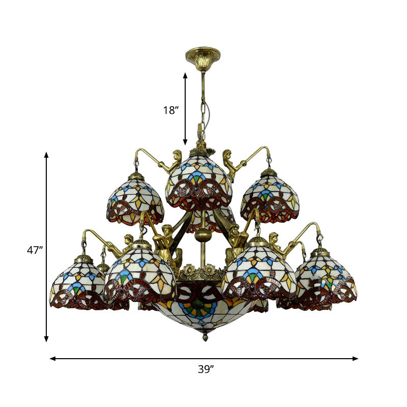 Brown 15 Lights Chandelier Lighting Tiffany Cut Glass Dome Pendant Lamp for Living Room with Mermaid Design Clearhalo 'Ceiling Lights' 'Chandeliers' 'Close To Ceiling Lights' 'Industrial' 'Middle Century Chandeliers' 'Tiffany Chandeliers' 'Tiffany close to ceiling' 'Tiffany' Lighting' 178400