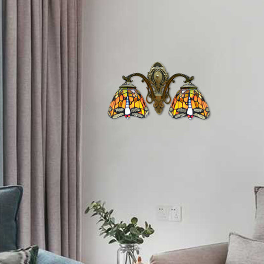 Tiffany Rustic Dragonfly Wall Lamp Stained Glass 2 Bulbs Orange Wall Sconce for Coffee Shop Clearhalo 'Industrial' 'Middle century wall lights' 'Tiffany wall lights' 'Tiffany' 'Wall Lamps & Sconces' 'Wall Lights' Lighting' 178402