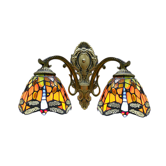 Tiffany Rustic Dragonfly Wall Lamp Stained Glass 2 Bulbs Orange Wall Sconce for Coffee Shop Clearhalo 'Industrial' 'Middle century wall lights' 'Tiffany wall lights' 'Tiffany' 'Wall Lamps & Sconces' 'Wall Lights' Lighting' 178403