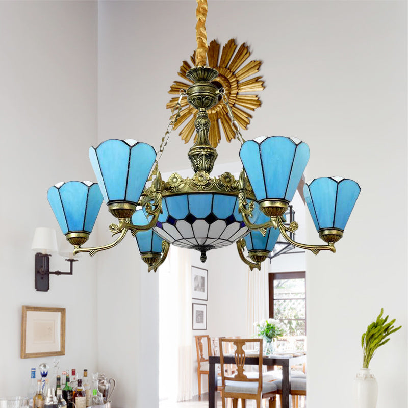 9/7 Lights Cone Hanging Light with Center Dome Antique Tiffany Chandelier in Blue for Lobby 7 Blue Clearhalo 'Ceiling Lights' 'Chandeliers' 'Industrial' 'Middle Century Chandeliers' 'Tiffany Chandeliers' 'Tiffany close to ceiling' 'Tiffany' Lighting' 178410