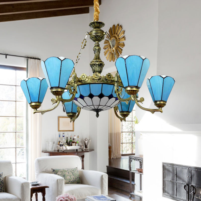 9/7 Lights Cone Hanging Light with Center Dome Antique Tiffany Chandelier in Blue for Lobby Clearhalo 'Ceiling Lights' 'Chandeliers' 'Industrial' 'Middle Century Chandeliers' 'Tiffany Chandeliers' 'Tiffany close to ceiling' 'Tiffany' Lighting' 178411