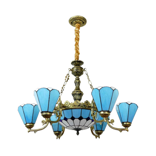9/7 Lights Cone Hanging Light with Center Dome Antique Tiffany Chandelier in Blue for Lobby Clearhalo 'Ceiling Lights' 'Chandeliers' 'Industrial' 'Middle Century Chandeliers' 'Tiffany Chandeliers' 'Tiffany close to ceiling' 'Tiffany' Lighting' 178412