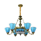 9/7 Lights Cone Hanging Light with Center Dome Antique Tiffany Chandelier in Blue for Lobby Clearhalo 'Ceiling Lights' 'Chandeliers' 'Industrial' 'Middle Century Chandeliers' 'Tiffany Chandeliers' 'Tiffany close to ceiling' 'Tiffany' Lighting' 178412