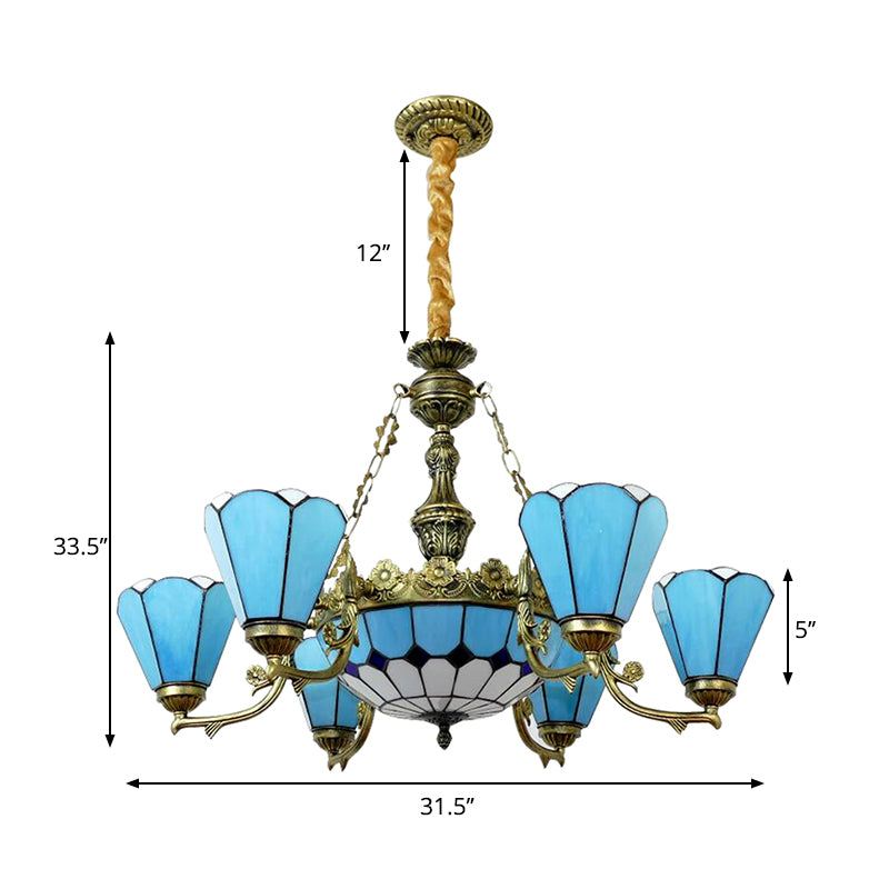 9/7 Lights Cone Hanging Light with Center Dome Antique Tiffany Chandelier in Blue for Lobby Clearhalo 'Ceiling Lights' 'Chandeliers' 'Industrial' 'Middle Century Chandeliers' 'Tiffany Chandeliers' 'Tiffany close to ceiling' 'Tiffany' Lighting' 178413